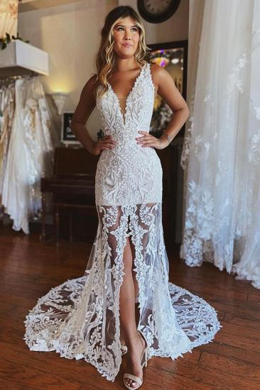 Stylish Floral Lace Mermaid Wedding Dress Deep V-Neck Front Slit Bridal Dress