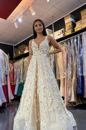 Stylish 3D Floral A-line Wedding Dress Sleeveless V-Neck Maxi Dress for Bride_1