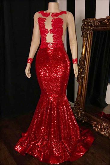 Cheap Red Sequins Prom Dress with Sleeves | Mermaid Sheer Tulle Evening Gowns_1