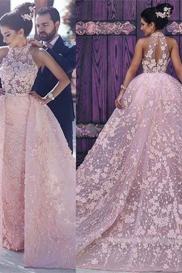 High Neck Unique Flowers Lace Evening Dress Gorgeous Pink Overskirt Prom Dress_3