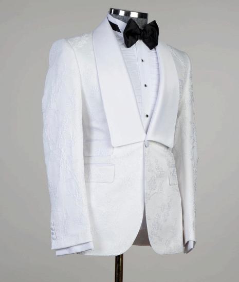 White Jacquard Shawl Lapel Three Piece Men's Wedding Suit_2