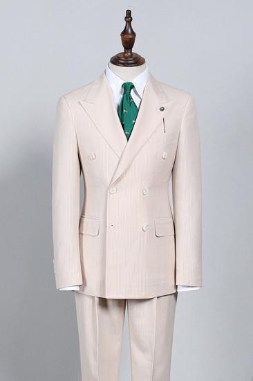 Noah Handsome Light Khaki Striped Double-Breasted Tailored Suit_2