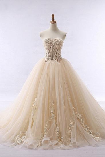 Bradyonlinewholesale Simple Strapless Champagne Tulle Wedding Dress Sweetheart Sleeveless Appliques Bridal Gowns with Beadings On Sale_1