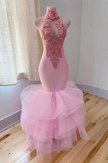 High neck mermaid lace prom dress with ruffles_1