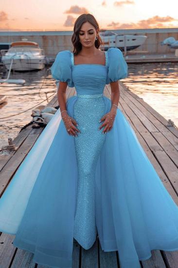 Bright Blue Puffy Sleeve Mermaid Prom Dress with Detachable Train