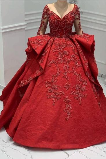 Burgundy Lace Appliques Long sleeves V-neck Ruffles Ball Gowns Evening Gowns_3