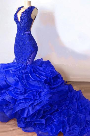 Sexy Royal Blue Mermaid Prom Dresses | V-Neck Sleeveless Ruffles Evening Dresses_2