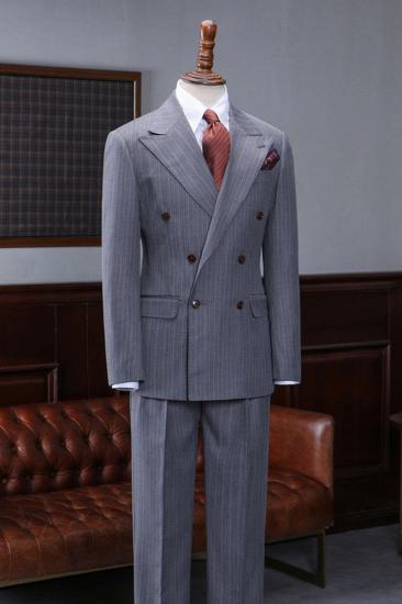 Armand Sleek Grey Striped Point Lapel Double Breasted Business Tailored Suit_1