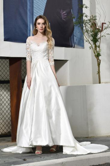 Modern Illusion neck A-Line Satin Lace Fall Long Wedding Dress with 3/4 Sleeves