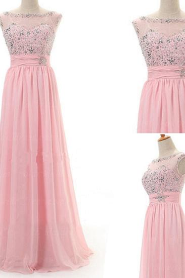 Bateau A-Line Chiffon Evening Dresses Floor Length Prom Gowns with Beadings_2