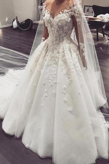 Gorgeous White 3D Floral Lace Long Sleeve Wedding Dress Jewelry Neck Tulle A-Line Bridal Dress_1