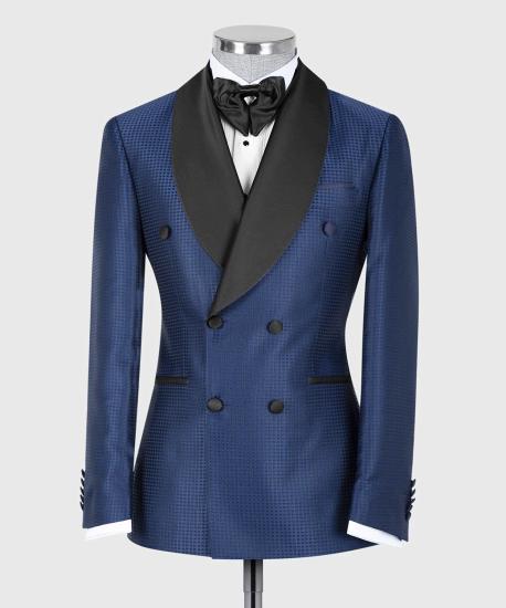 Fashion Navy Double Breasted Cape Lapel Collar Wedding Suit_3