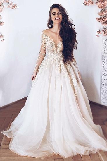 Glamorous V-Neck Long Sleeve Tulle Lace Appliques Princess Wedding Bridal Dress_1