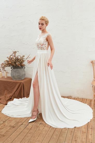 Sexy Jewel Appliques Long Ivory Affordable Wedding Dress with Front Slit_7