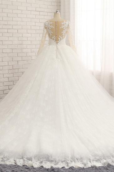 Bradyonlinewholesale Affordable White Tulle Ruffles Wedding Dresses Jewel Longsleeves Lace Bridal Gowns With Appliques Online_2