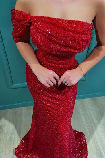 Sexy Glitter Sequin Mermaid Evening Dress Off Shoulder Red Party Dress_3