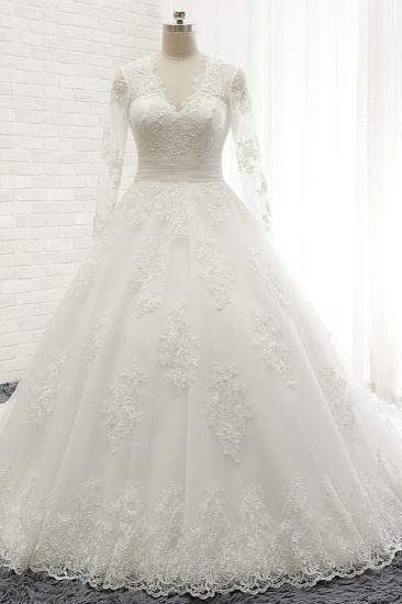 Bradyonlinewholesale Modest Longsleeves V-neck Lace Wedding Dresses White Tulle A-line Bridal Gowns With Appliques Online