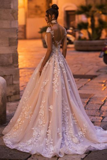 Modest Aline Wedding Gown Cap Sleeves Floral Tulle Lace Floor Length Bridal Gown_2