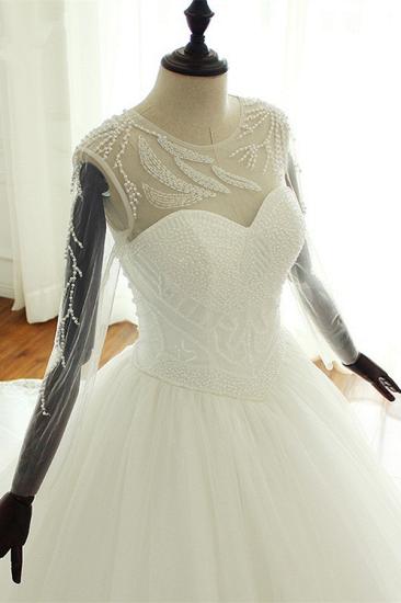 Bradyonlinewholesale Stylish Jewel Long Sleeves Tulle Wedding Dress Pearls Lace Appliques Bridal Gown with Crystals On Sale_4