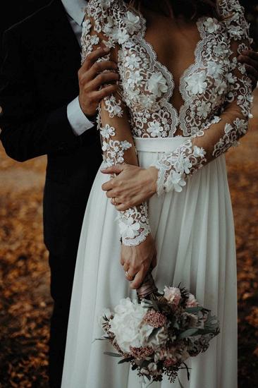 Charming Long Sleeve Lace Applique Front Split Bridal Gowns|Long V-Neck Wedding Dress_4