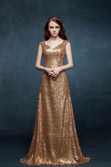 Elegant Gold Sequined Long Prom Dresses Sheer Back Applique Popular Floor Length Custom Made Dresses for Women_1