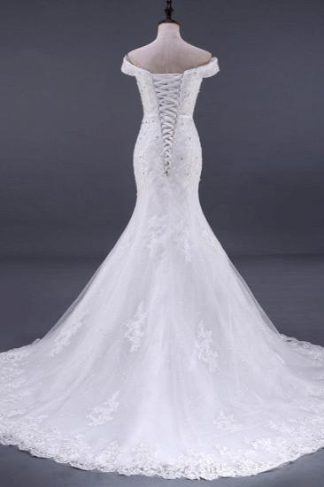 Bradyonlinewholesale Elegant Mermaid Off-the-Shoulder White Wedding Dress Sweetheart Sleeveless Lace Appliques Bridal Gowns with Rhinestones_2