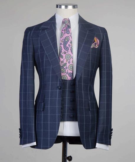 Stylish Navy Plaid Slim Fit Tailored Men Suit For Business_4