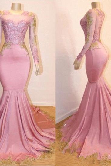 Pink Mermaid Long Sleeves Prom Dresses Cheap | Gold Appliques Evening Dresses Online_2