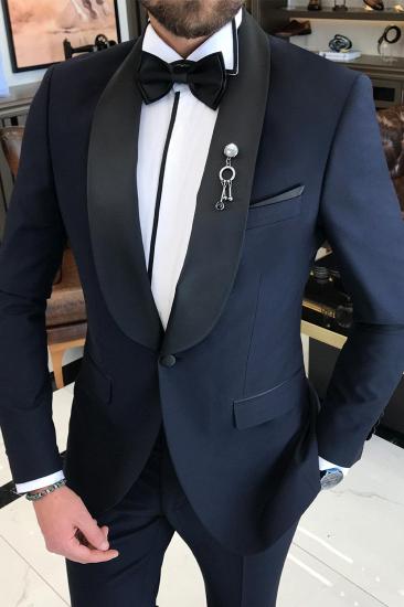 Navy One Button Wedding Suits With Black Shawl Lapel_2