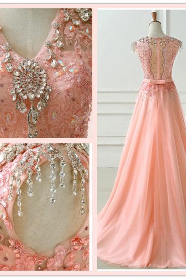Pink V-Neck Crystal Lace Evening Dresses Sweep Train Zipper Charming Prom Dresses_2