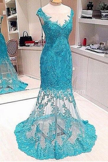Elegant Mermaid Lace Prom Gowns V-Neck Sweep Train Backless Evening Dresses_2