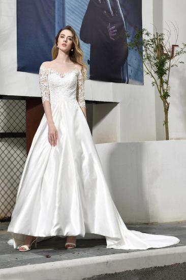 Modern Illusion neck A-Line Satin Lace Fall Long Wedding Dress with 3/4 Sleeves_5