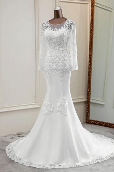 Bradyonlinewholesale Elegant Jewel Lace Mermaid White Wedding Dresses Long Sleeves Appliques Bridal Gowns_3