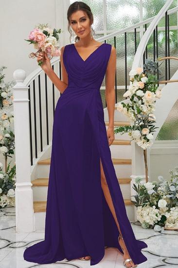 Long V-Neck Evening Dress | Pleated Split Chiffon Prom Dress Simple_36