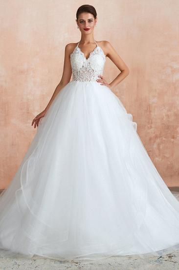 Carmen | Simple Halter Ball Gown Wedding Dress with Chapel Train, Open Back V-neck Lace Bridal Gowns For Summer/Fall Wedding_1