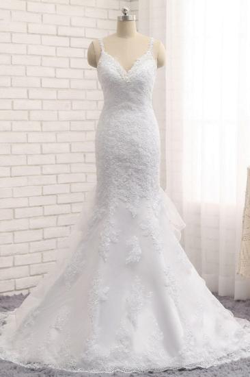 Bradyonlinewholesale Elegant V-neck White Mermaid Wedding Dresses Sleeveless Lace Bridal Gowns With Appliques On Sale_1