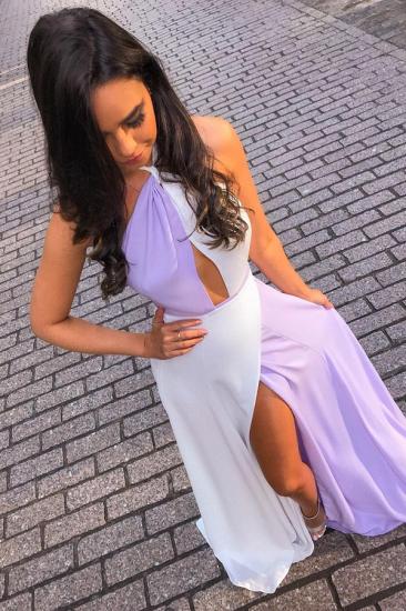 White and Lavender Sexy Split Evening Dresses Cheap | Halter Sleeveless Chiffon Formal Dress_2