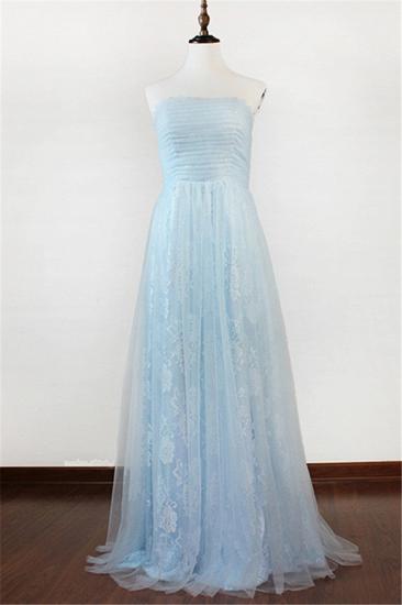 Ice Blue Strapless Lace Applique Prom Dresses Elegant Sweep Train Sheath Homecoming Dresses_1