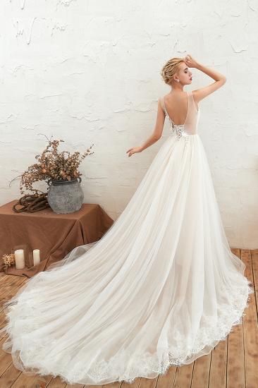Champange Princess Tulle Wedding Dress with Soft Pleats | Sexy V-neck Low Back Bridal Gowns with Lace Appliques_9