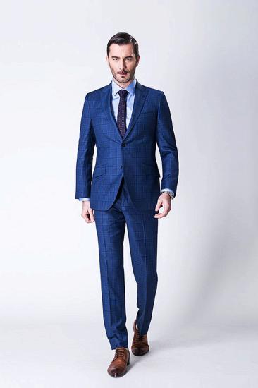 Peak Lapel Plaid Two Button Blue Luxury Mens Suit