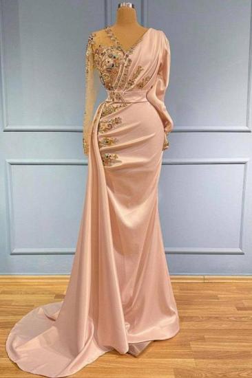 Elegant V-Neck Long Sleeve Mermaid Ball Gown with Gold Sequin Applique_1