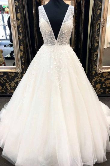 Bradyonlinewholesale AffordableWhite Tulle V-Neck Long Wedding Dress A-Line Applqiues Bridal Gowns On Sale_1
