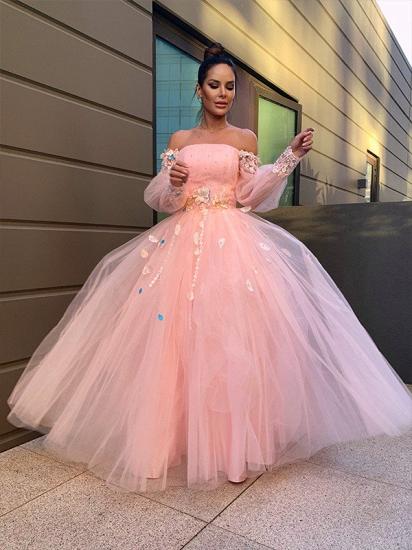 Pink puffy pricess tulle long sleeves floor lenth prom dress_1