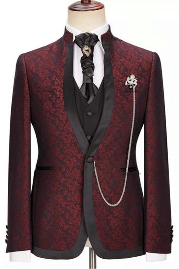 Wine Red Jacquard One Button Fashion Three-piece Special Lapel Wedding Dress_1