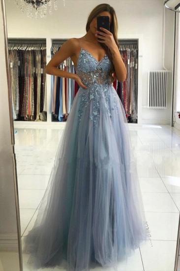 Illusion neck Storm Blue V-neck Tulle See-through Evening Dress_3