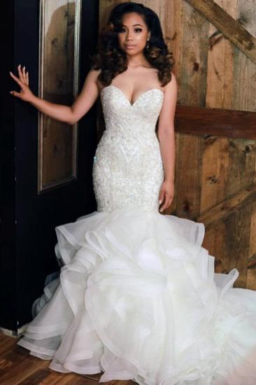 Luxury Mermaid Beading Wedding Dresses | Sweetheart Neck Ruffles Skirt Bridal Gowns_1