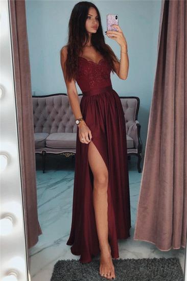 Spaghetti Straps Burgundy Prom Dresses Cheap | Sexy Side Slit Lace Appliques Evening Gown_3