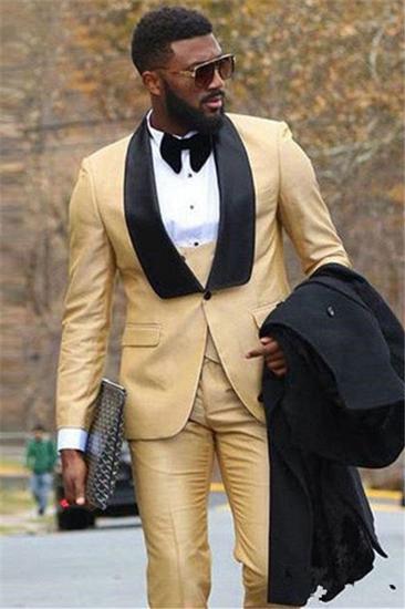 Black Lapel Champagne Three-piece Formal Business Mens Suit