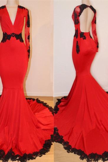Open Back Red Prom Dresses with Black Lace Appliques | V-neck Long Sleeve Sexy Mermaid Graduation Dress_2