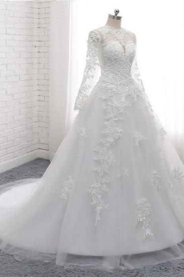 Bradyonlinewholesale Modest Jewel White Tulle Lace Wedding Dress Long Sleeves Appliques A-Line Bridal Gowns On Sale_3